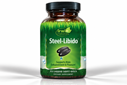 Irwin Naturals Steel-Libido male enhancement supplement bottle with 75 liquid soft-gels