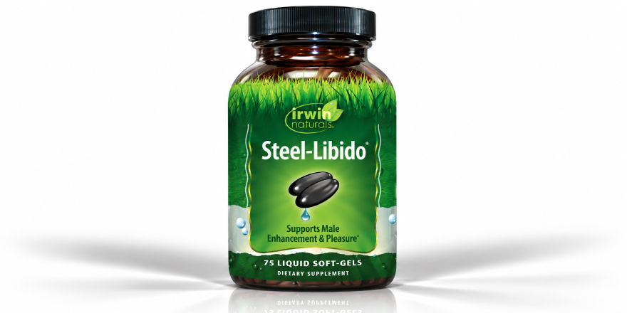 Irwin Naturals Steel-Libido male enhancement supplement bottle with 75 liquid soft-gels