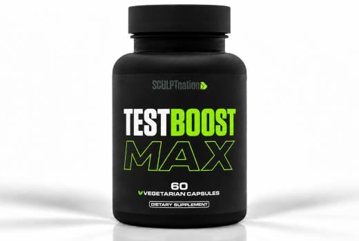 Sculpt Nation Test Boost Max testosterone booster supplement, black bottle with green and white label, 60 vegetarian capsules.
