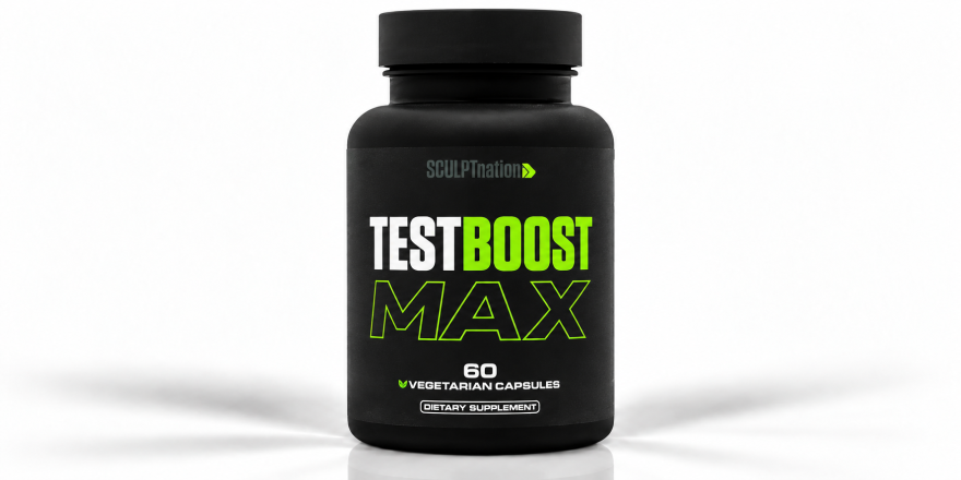 Sculpt Nation Test Boost Max testosterone booster supplement, black bottle with green and white label, 60 vegetarian capsules.