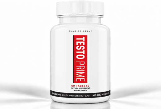 Sunrise Brand TestoPrime testosterone booster supplement, white bottle with vertical red label, 60 tablets, 30-day supply.