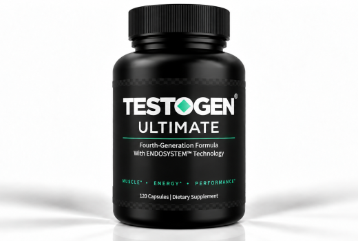 Testogen Ultimate testosterone booster supplement, black bottle with white and green label, fourth-generation ENDOSYSTEM formula, 120 capsules.