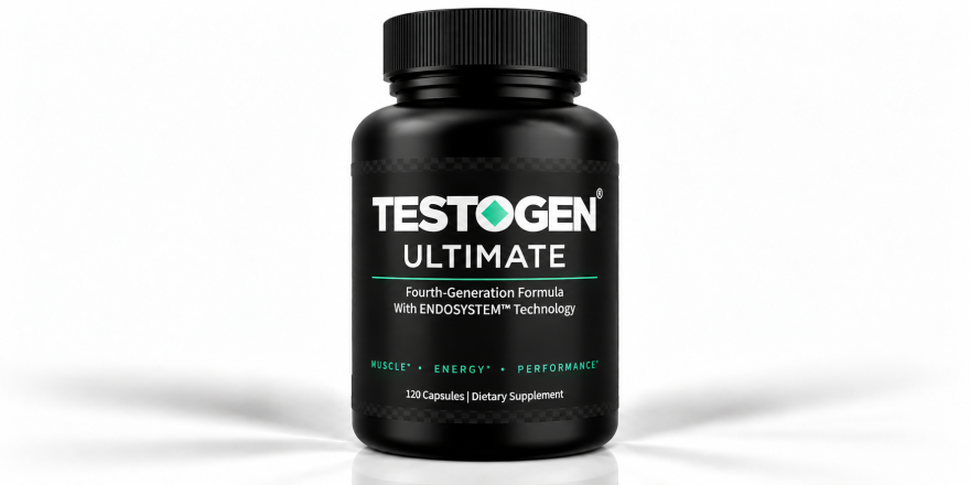Testogen Ultimate testosterone booster supplement, black bottle with white and green label, fourth-generation ENDOSYSTEM formula, 120 capsules.